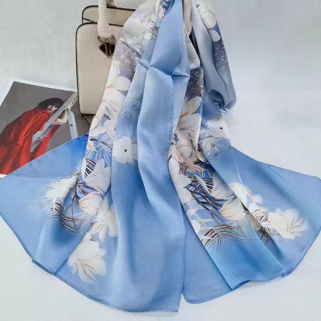 inRealSilk Printing Sky Blue and White Flowers 55cm*173cm 100% Silk Long Shawls&Scarves