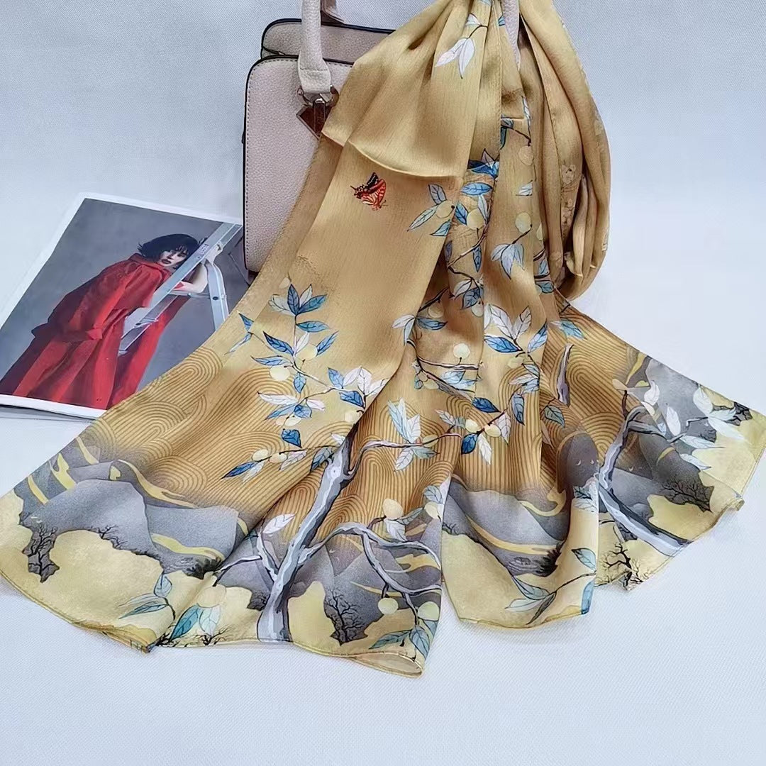 inRealSilk Printing Autumn Yellow 55cm*173cm 100% Silk Long Shawls&Scarves