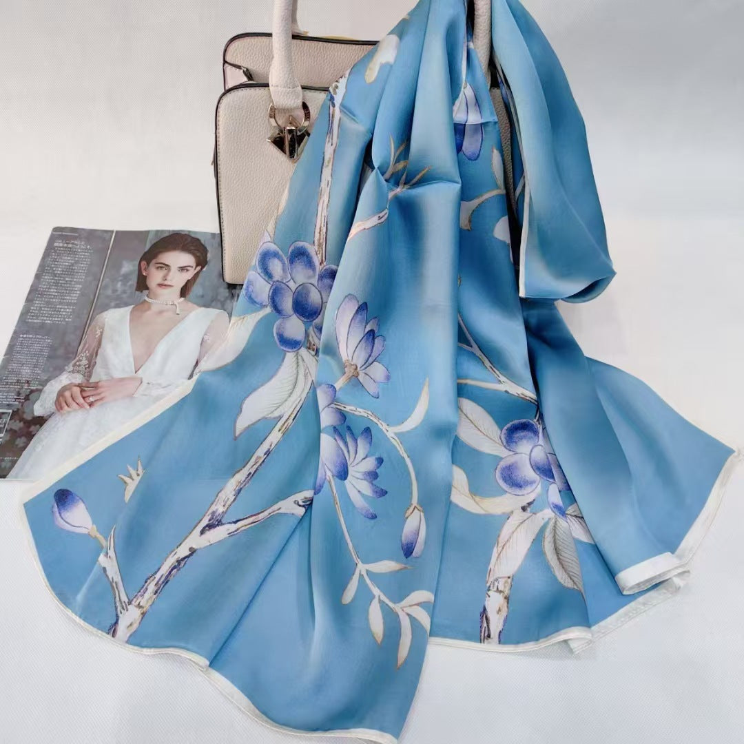 inRealSilk Printing Iris blue 55cm*173cm 100% Silk Long Shawls&Scarves