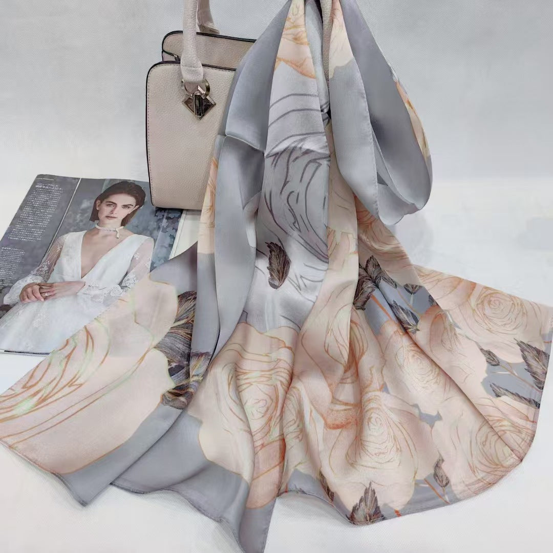 inRealSilk Printing Grey and Pink Autumn&Winter Colors 55cm*173cm 100% Silk Long Shawls&Scarves