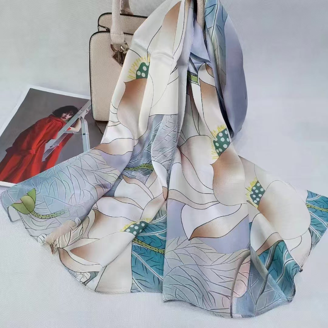 inRealSilk Printing Morning and Evening White Blue Pink 55cm*173cm 100% Silk Long Shawls&Scarves