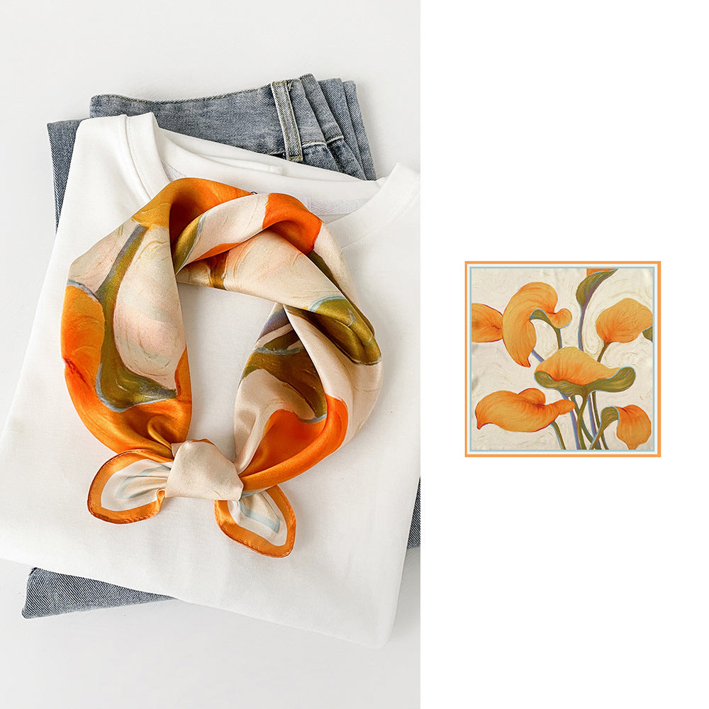 inRealSilk Orange Green Flowers 53cm*53cm Print 100% Silk Small Square Silk Scarf Neckerchiefs&Bandana
