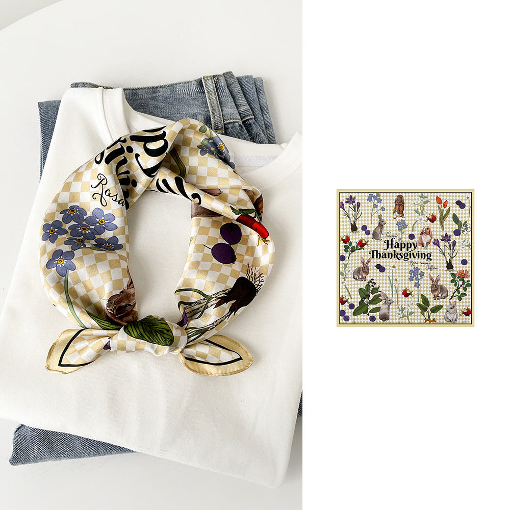 inRealSilk Yellow Plaid and Rabbit Print 53cm*53cm Print 100% Silk Small Square Silk Scarf Neckerchiefs&Bandana