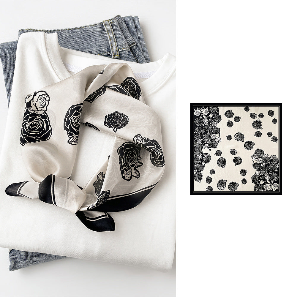 inRealSilk Black And White Rose 53cm*53cm Print 100% Small Square Silk Scarf Neckerchiefs&Bandana