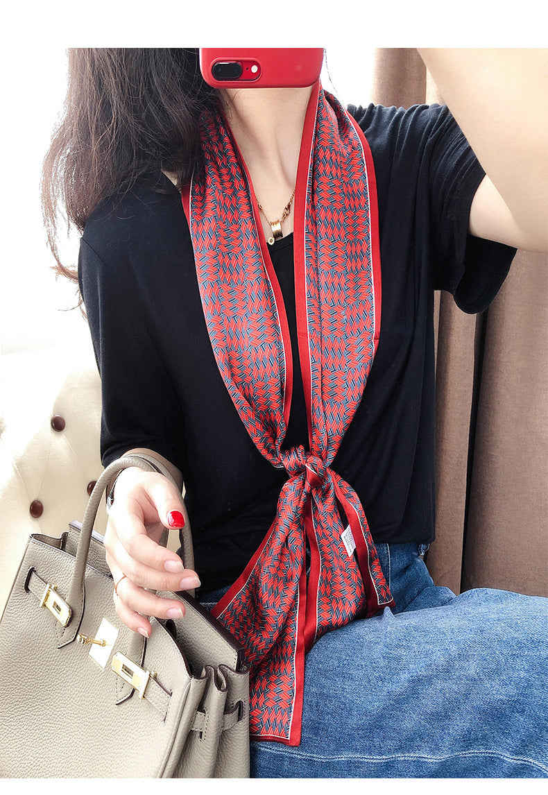 inRealSilk Classic Red Double Layers 150cm*16cm 100% Silk Scarf Neckerchiefs Long Section Thin Narrow Fluttering Belt