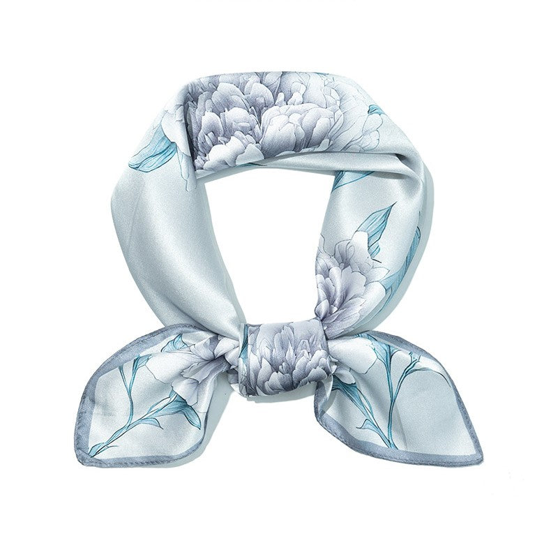 inRealSilk Silver Gray Flower 70cm*70cm 100% Silk Small Square Scarf Fashion Commuting Style