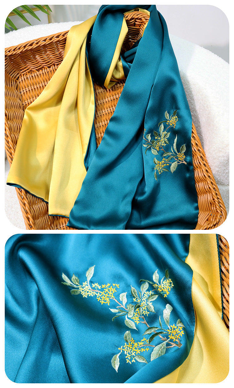 inRealSilk Golden Laurel - Peacock Blue Gold 35cm*155cm 100% Silk Long Scarf Fine Hand Embroidery Double Layer 16mm