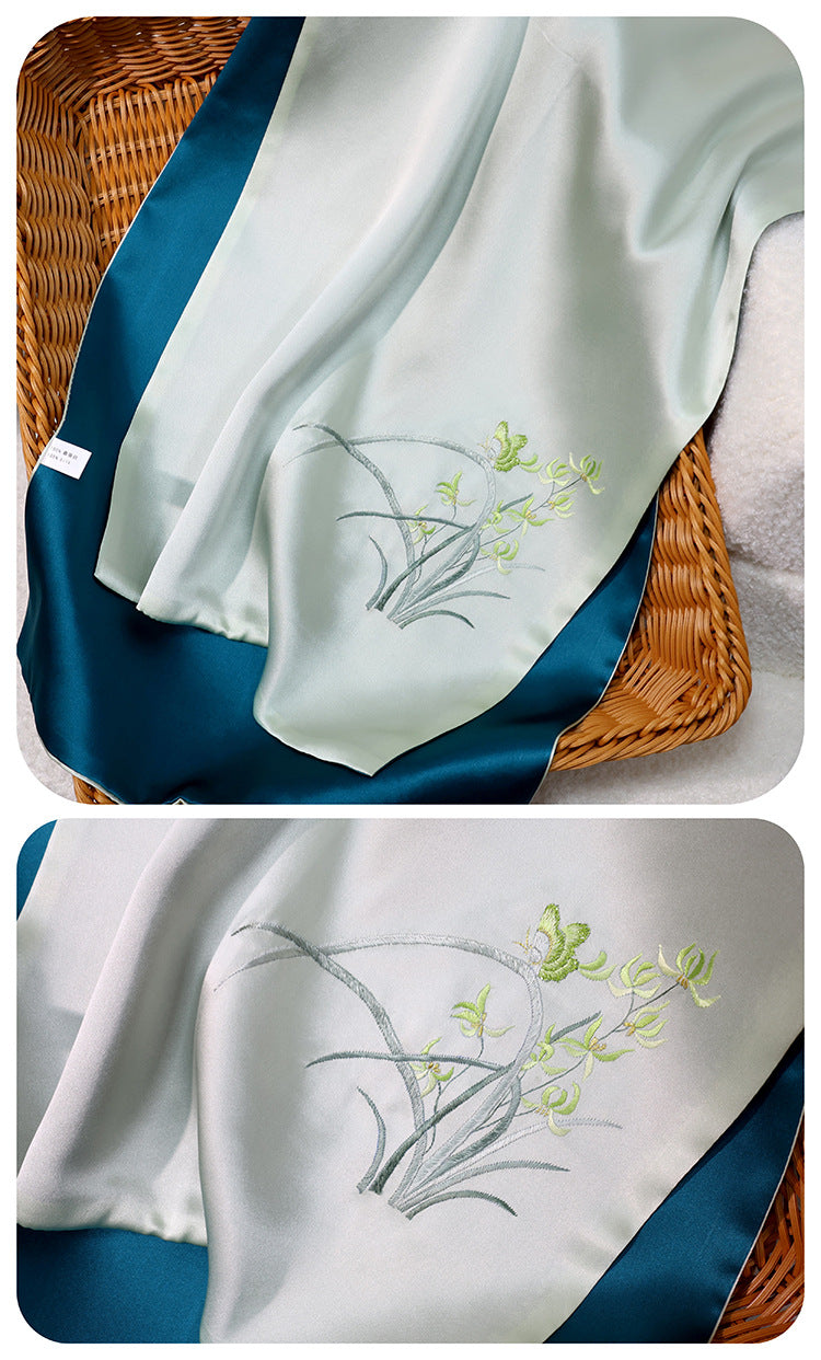 inRealSilk Orchid-Green 35cm*155cm 100% Silk Long Scarf Fine Hand Embroidery Double Layer 16mm