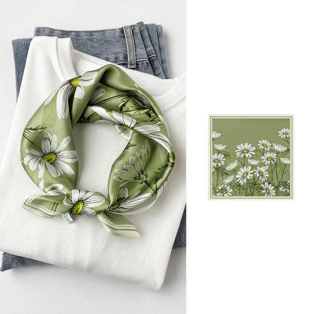 inRealSilk Green Daisy 53cm*53cm Print 100% Small Square Silk Scarf Neckerchiefs&Bandana