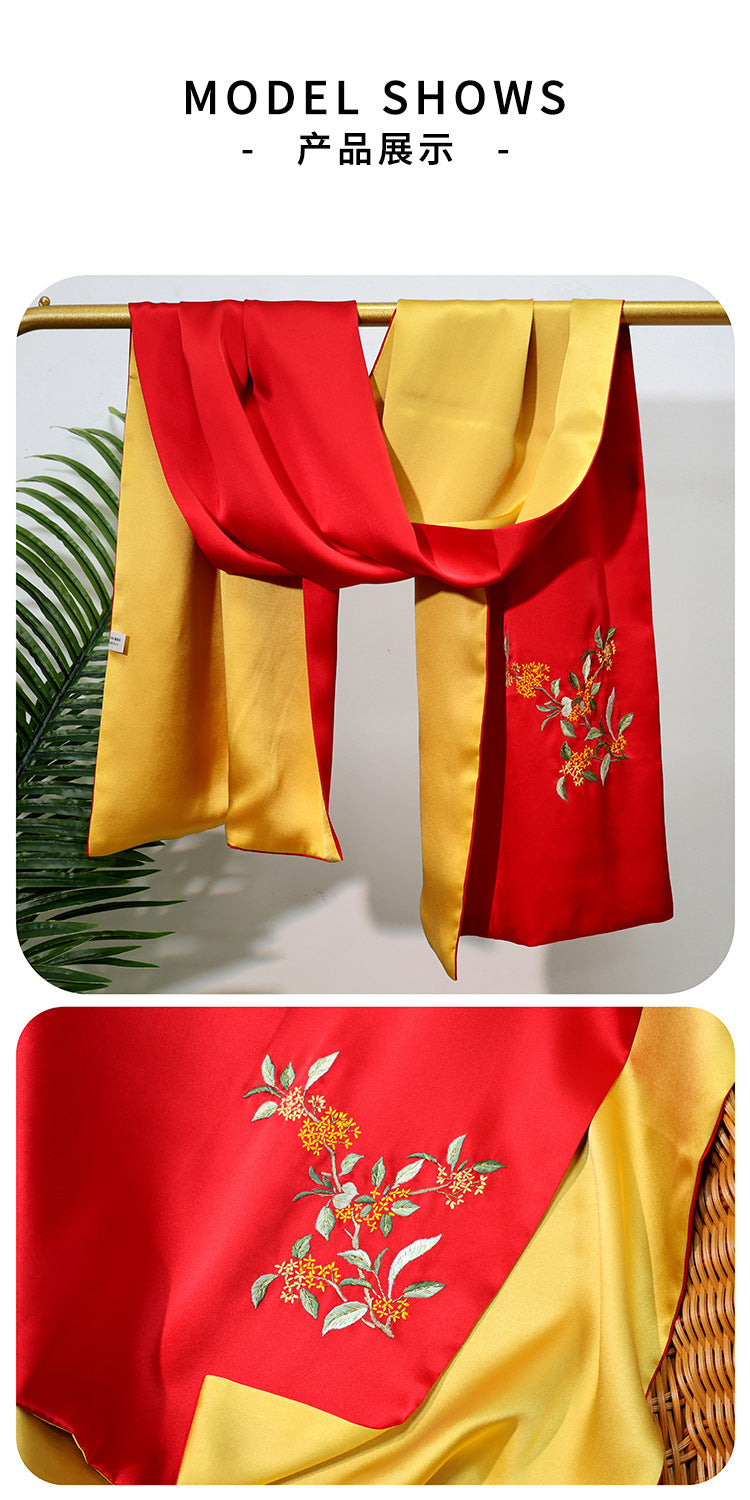 inRealSilk Golden Laurel - Red Gold 35cm*155cm 100% Silk Long Scarf Fine Hand Embroidery Double Layer 16mm