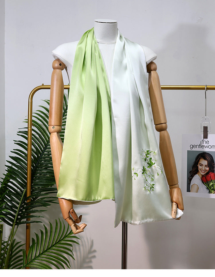 inRealSilk Elegant - Fresh Green 35cm*155cm 100% Silk Long Scarf Fine Hand Embroidery Double Layer 16mm