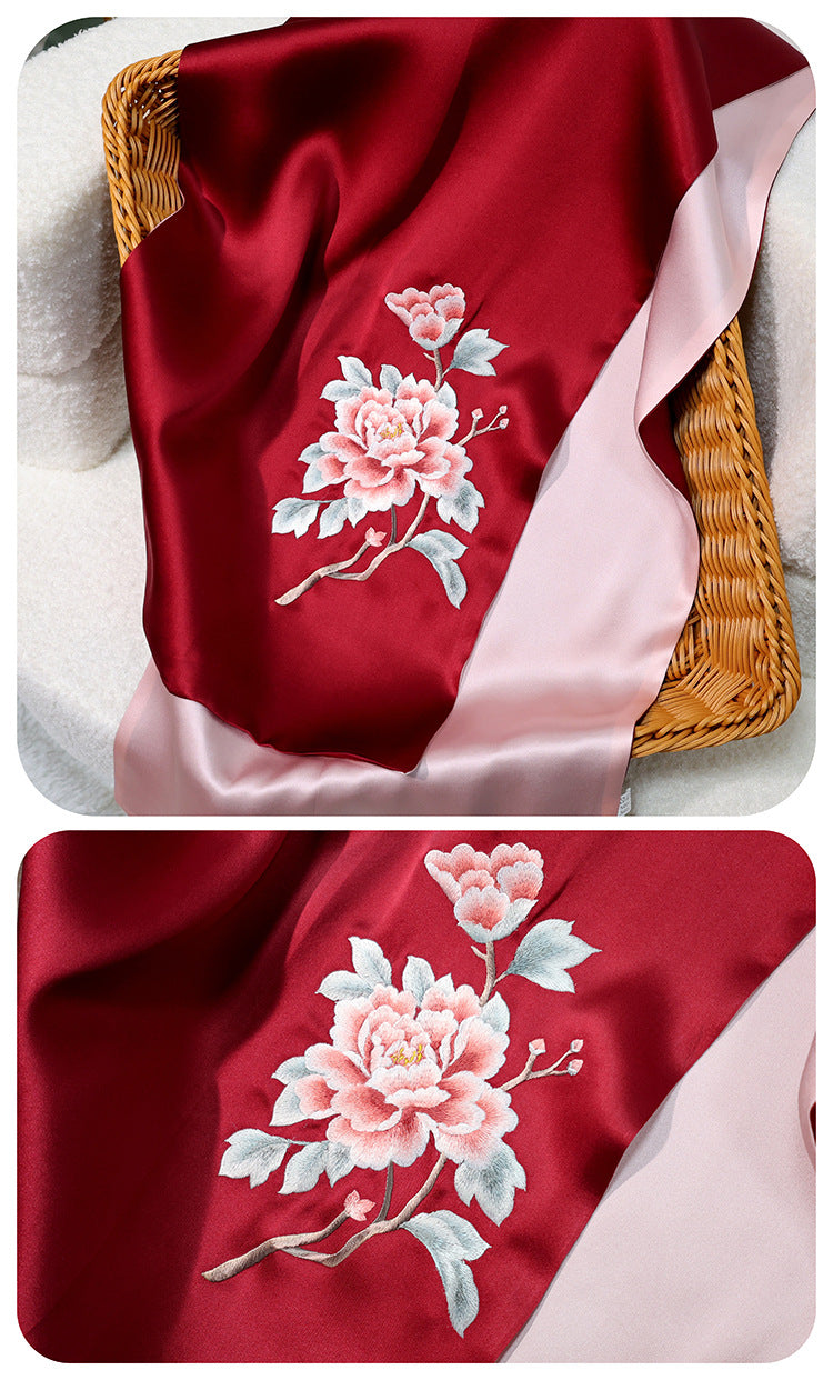 inRealSilk Noble - Red and Pink 35cm*155cm 100% Silk Long Scarf Fine Hand Embroidery Double Layer 16mm