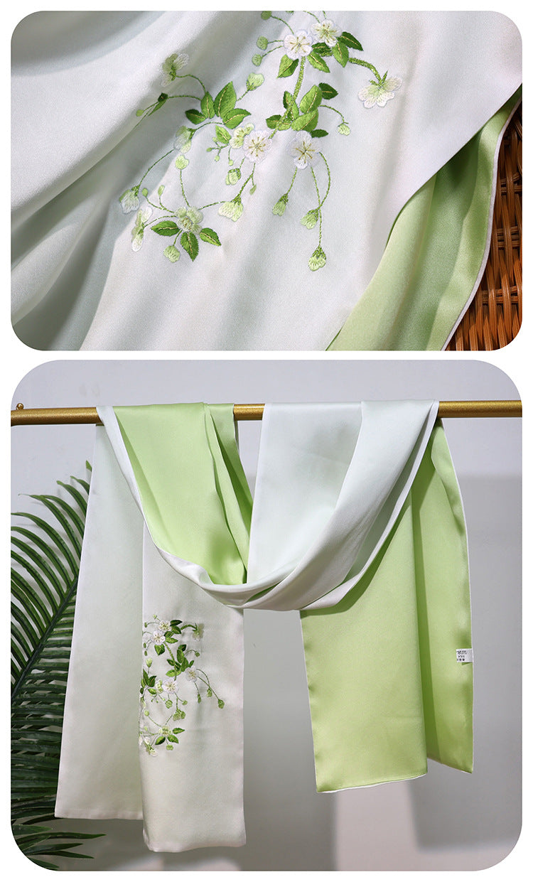 inRealSilk Elegant - Fresh Green 35cm*155cm 100% Silk Long Scarf Fine Hand Embroidery Double Layer 16mm