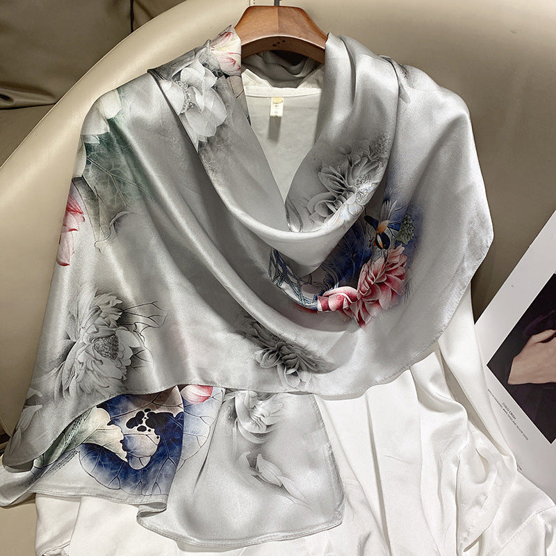 inRealSilk Gray Flowers 55cm*173cm 100% Silk Shawls