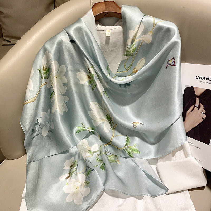 inRealSilk Pale Blue With Flowers 55cm*173cm 100% Silk Shawls