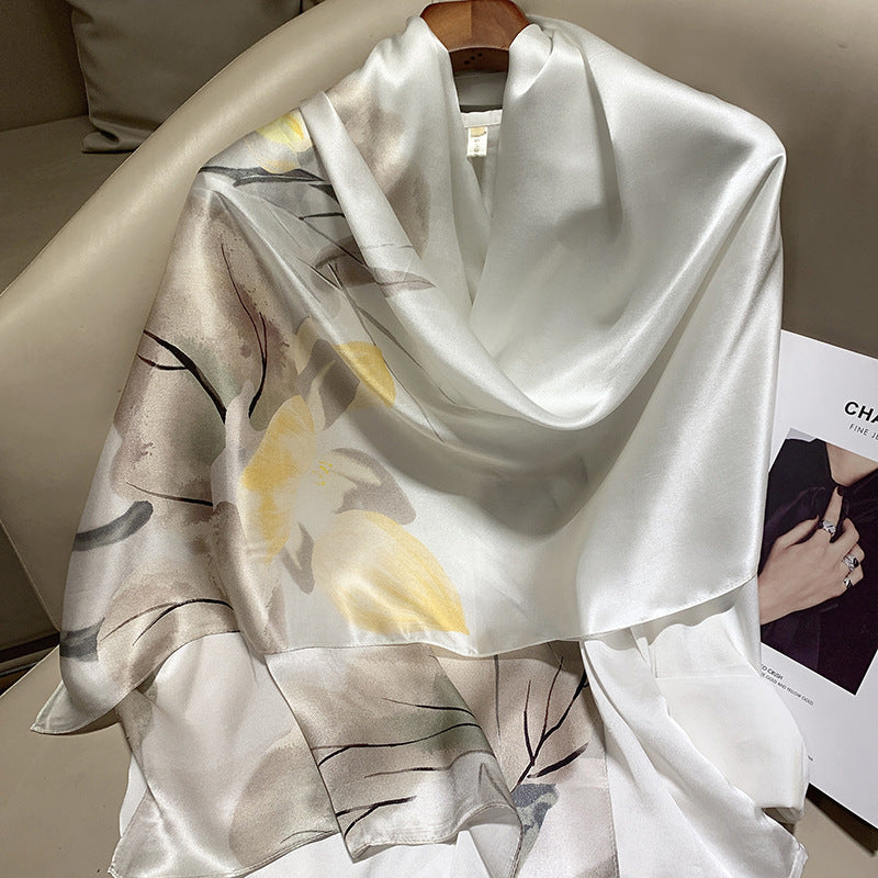 inRealSilk Grayish Yellow On White Background 55cm*173cm 100% Silk Shawls