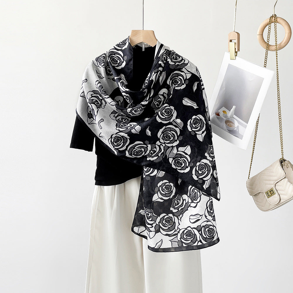 inRealSilk ZS25-Black And White Rose 55cm*170cm 100% Silk Shawls