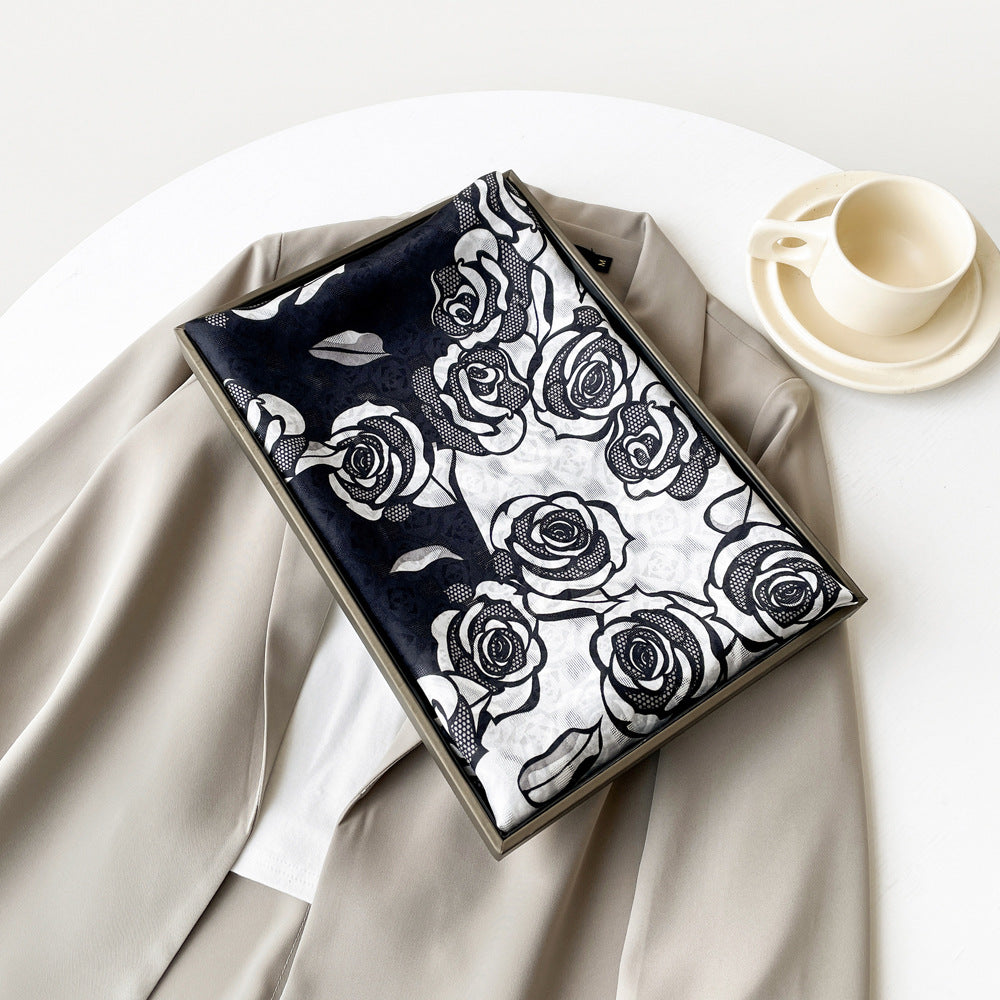 inRealSilk ZS25-Black And White Rose 55cm*170cm 100% Silk Shawls