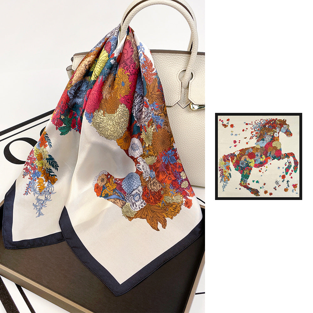 inRealSilk ZS7010-Flower Horse 66cm*66cm 100% Silk Small Square Scarf Small Neckerchief with Suit