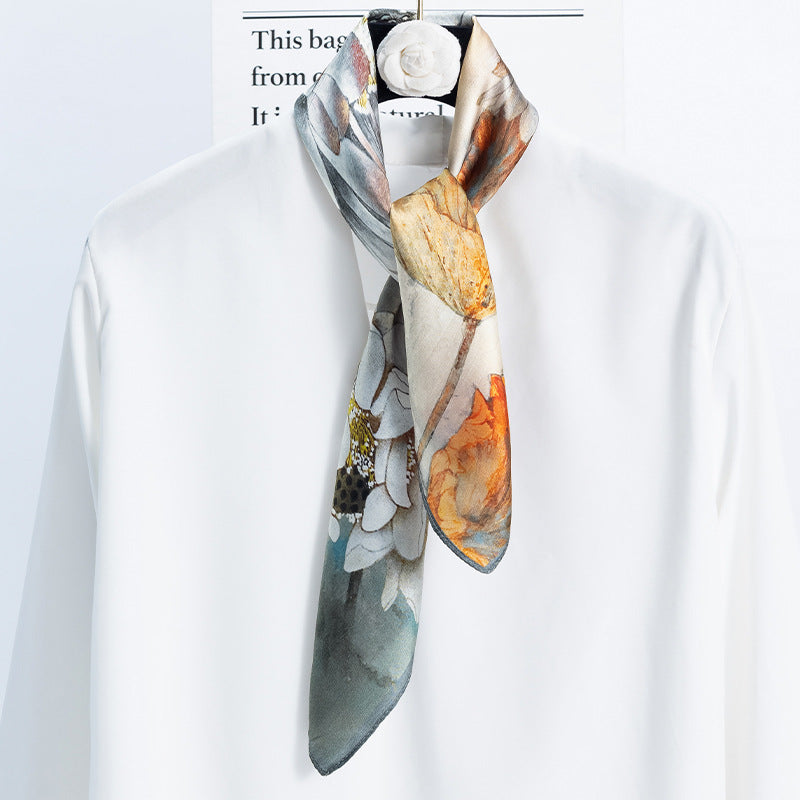 inRealSilk Cold-toned Plain Lotus Flower 70cm*70cm 100% Silk Small Square Scarf Fashion Commuting Style