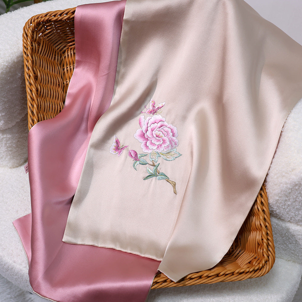 inRealSilk Butterfly Love - Champagne Pink 35cm*155cm 100% Silk Long Scarf Fine Hand Embroidery Double Layer 16mm