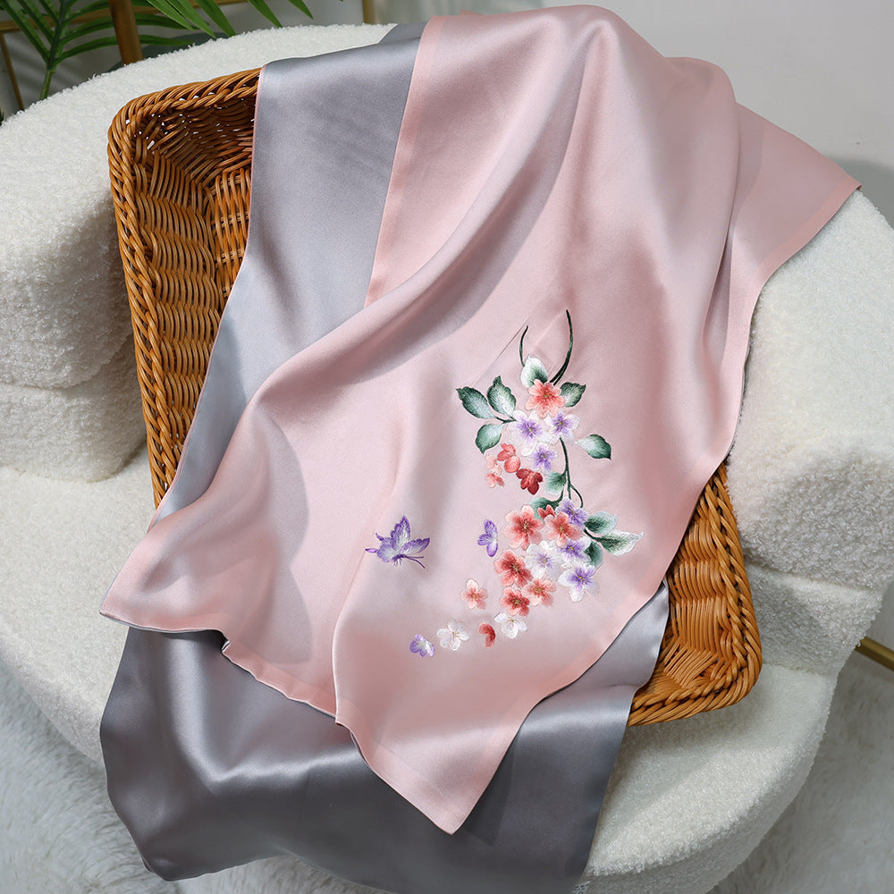 inRealSilk Graceful-Powder Gray 35cm*155cm 100% Silk Long Scarf Fine Hand Embroidery Double Layer 16mm