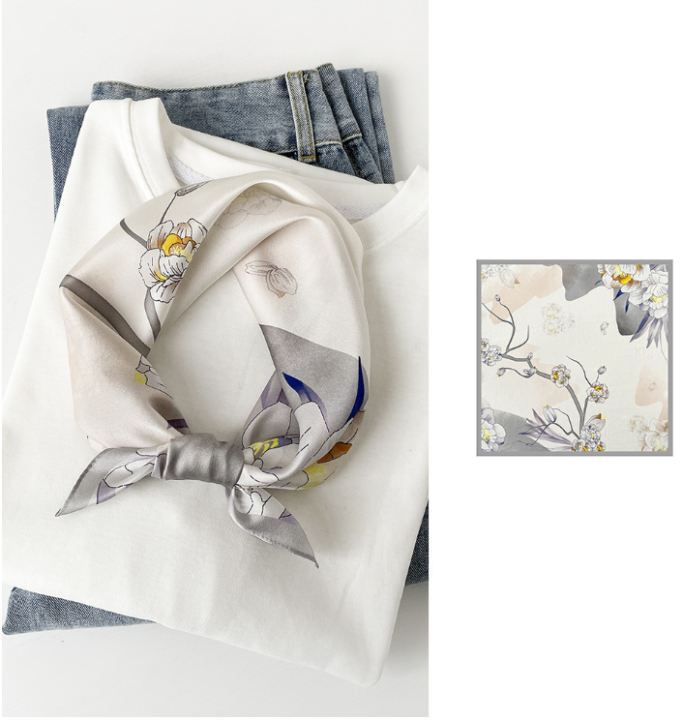 inRealSilk Gray Flower 53cm*53cm Print 100% Small Square Silk Scarf Neckerchiefs&Bandana