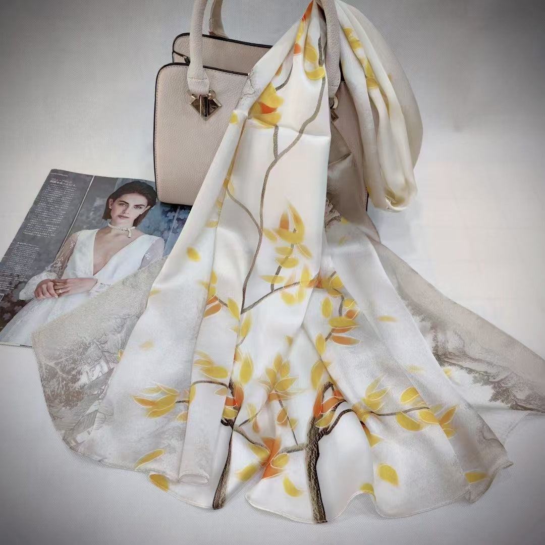 inRealSilk Small Yellow Leaf Print On White Backgrounde 55cm*173cm 100% Silk Long Shawls&Scarves