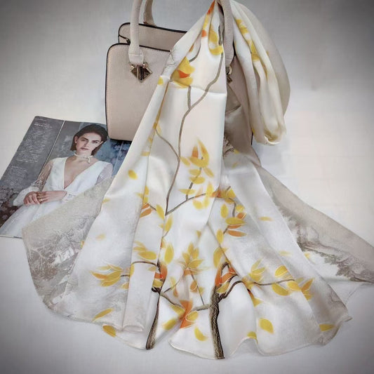 inRealSilk Small Yellow Leaf Print On White Backgrounde 55cm*173cm 100% Silk Long Shawls&Scarves