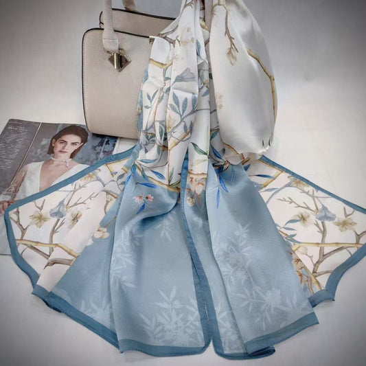 inRealSilk Printing White and Blue 55cm*173cm 100% Silk Long Shawls&Scarves