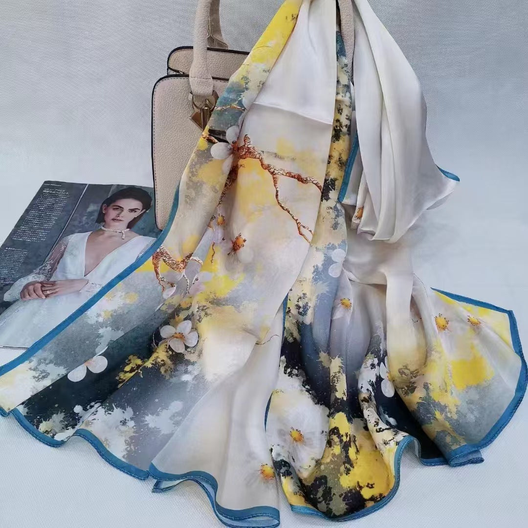 inRealSilk Printing Yellow and White See Ink Staining 55cm*173cm 100% Silk Long Shawls&Scarves