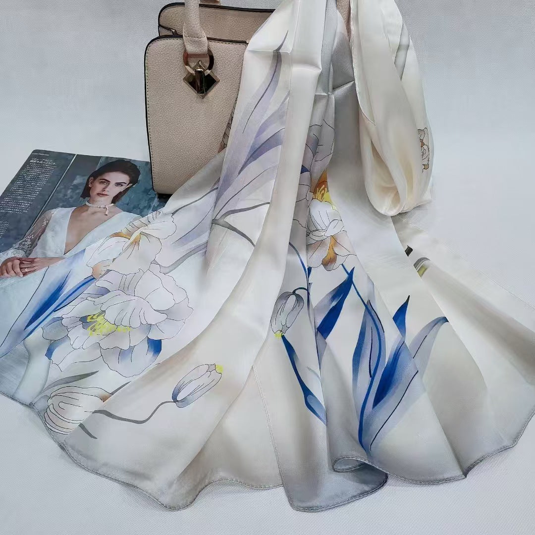 inRealSilk Printing Gorgeous Blue and White 55cm*173cm 100% Silk Long Shawls&Scarves