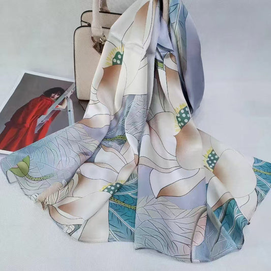 inRealSilk Printing Morning and Evening White Blue Pink 55cm*173cm 100% Silk Long Shawls&Scarves