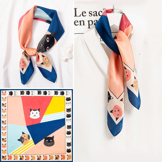 inRealSilk Naughty Cats Green 65cm*65cm 100% Silk Small Square Scarf Small Neckerchief with Suit