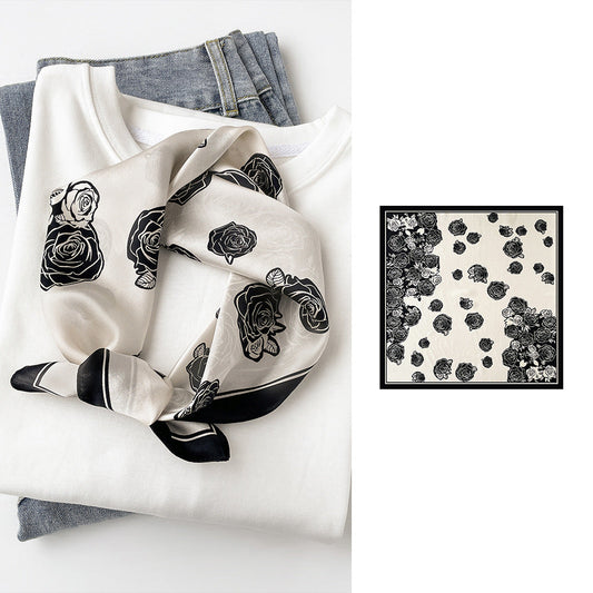 inRealSilk Black And White Rose 53cm*53cm Print 100% Small Square Silk Scarf Neckerchiefs&Bandana