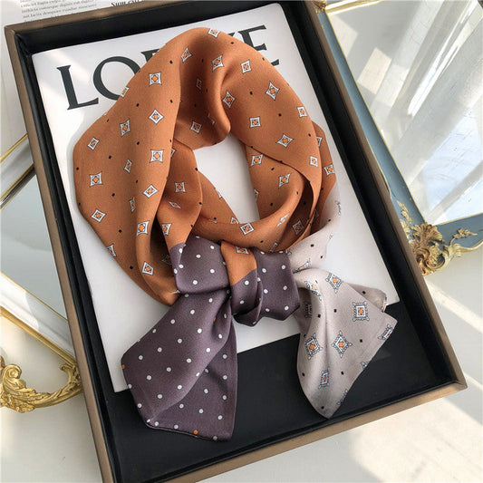 inRealSilk Multicolored Coffee Double Layers 150cm*16cm 100% Silk Scarf Neckerchiefs Long Section Thin Narrow Fluttering Belt