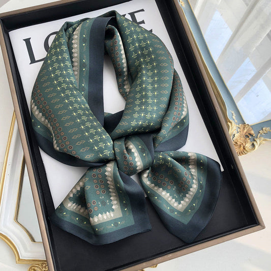 inRealSilk Vintage Green Double Layers 150cm*16cm 100% Silk Scarf Neckerchiefs Long Section Thin Narrow Fluttering Belt