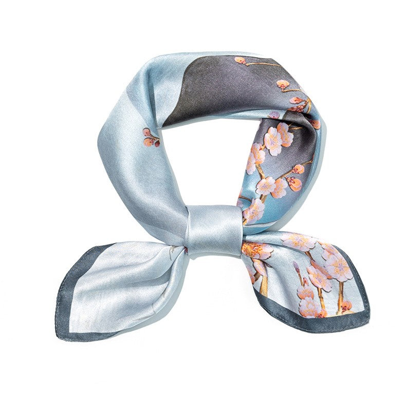 inRealSilk Peach Blossoms and Pools Water 70cm*70cm 100% Silk Small Square Scarf Fashion Commuting Style