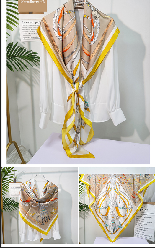 inRealSilk Chain Yellow 135cm*135cm A Large Square 100% Silk Scarves