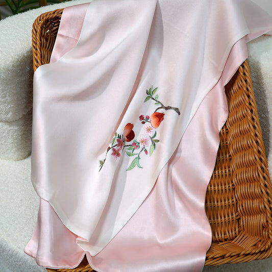 inRealSilk Treasure - Light Pink 35cm*155cm 100% Silk Long Scarf Fine Hand Embroidery Double Layer 16mm