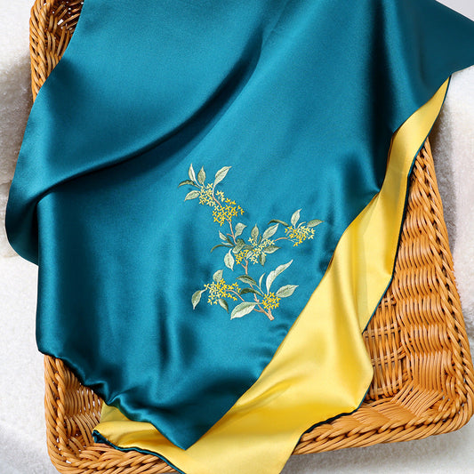 inRealSilk Golden Laurel - Peacock Blue Gold  35cm*155cm 100% Silk Long Scarf Fine Hand Embroidery Double Layer 16mm