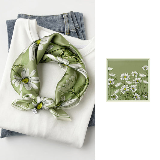 inRealSilk Green Daisy 53cm*53cm Print 100% Small Square Silk Scarf Neckerchiefs&Bandana