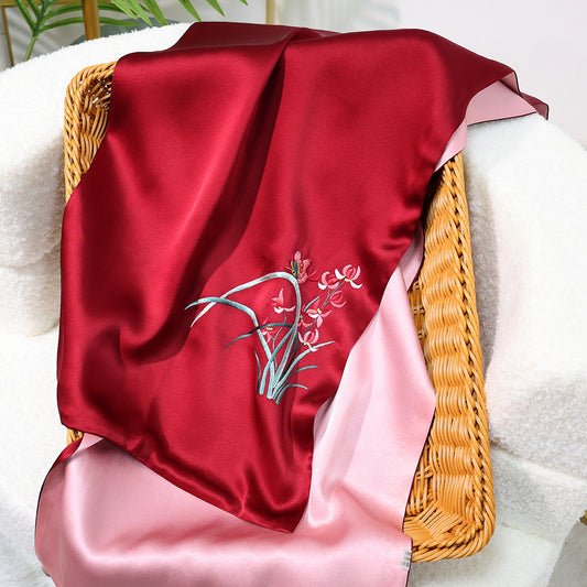 inRealSilk Orchid-Red Pink 35cm*155cm 100% Silk Long Scarf Fine Hand Embroidery Double Layer 16mm