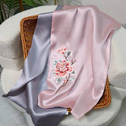 inRealSilk Noble - Powder Gray 35cm*155cm 100% Silk Long Scarf Fine Hand Embroidery Double Layer 16mm