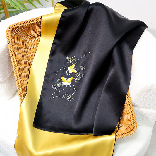 inRealSilk Light - Black Gold 35cm*155cm 100% Silk Long Scarf Fine Hand Embroidery Double Layer 16mm