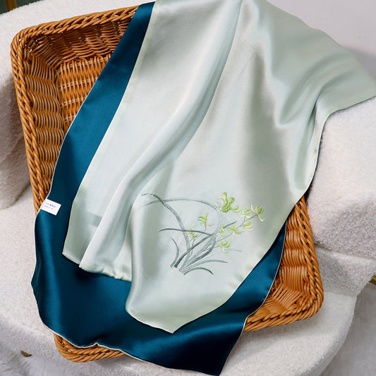 inRealSilk Orchid-Green 35cm*155cm 100% Silk Long Scarf Fine Hand Embroidery Double Layer 16mm