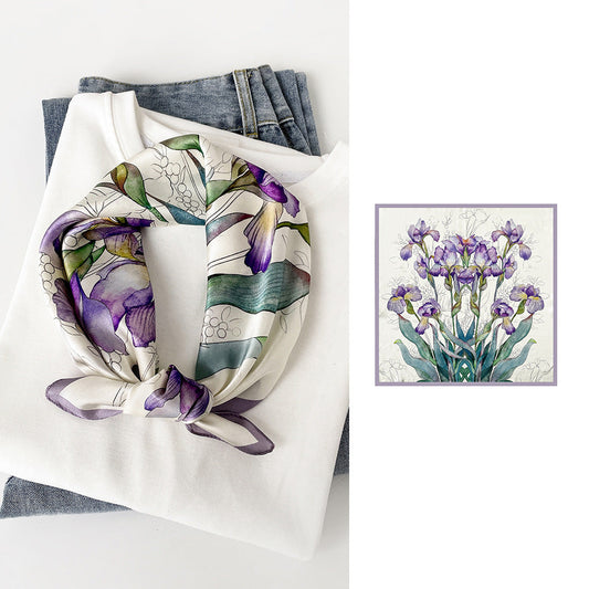 inRealSilk White Background With Purple Flowers 53cm*53cm Print 100% Silk Small Square Silk Scarf Neckerchiefs&Bandana