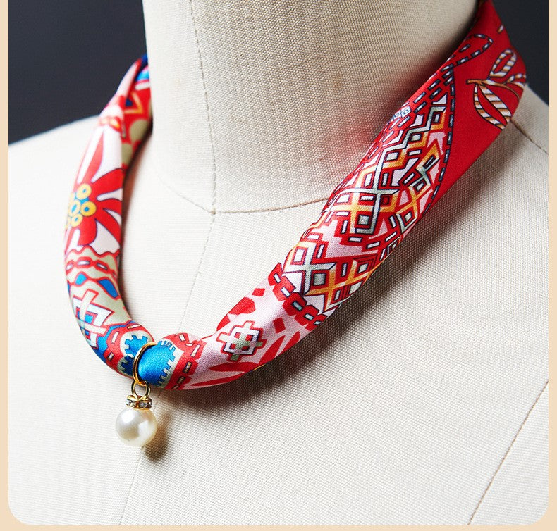 inRealSilk #ZS-1201 40cm 100% Silk Necklace Scarf Soft And Breathable&Fine Printing Hand-Sewn