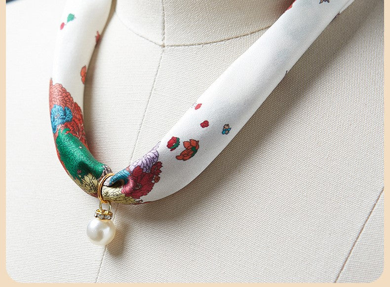 inRealSilk #ZS-1202 40cm 100% Silk Necklace Scarf Soft And Breathable&Fine Printing Hand-Sewn