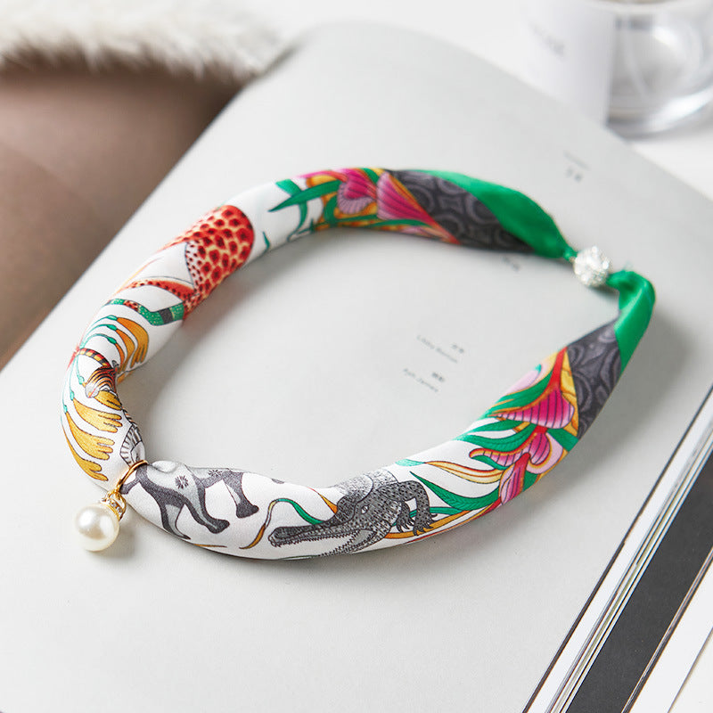 inRealSilk #ZS-1204 40cm 100% Silk Necklace Scarf Soft And Breathable&Fine Printing Hand-Sewn